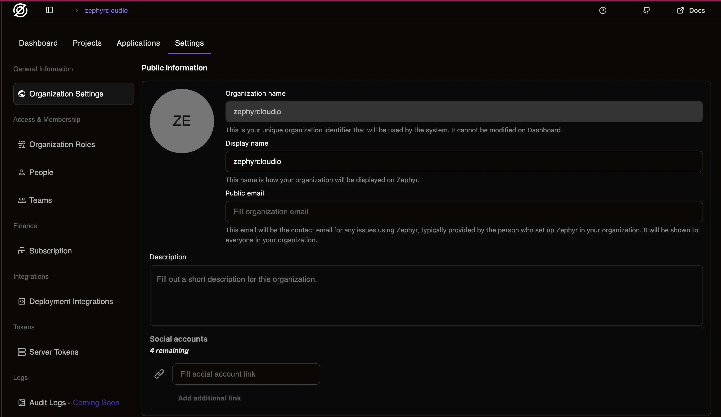 org settings screen